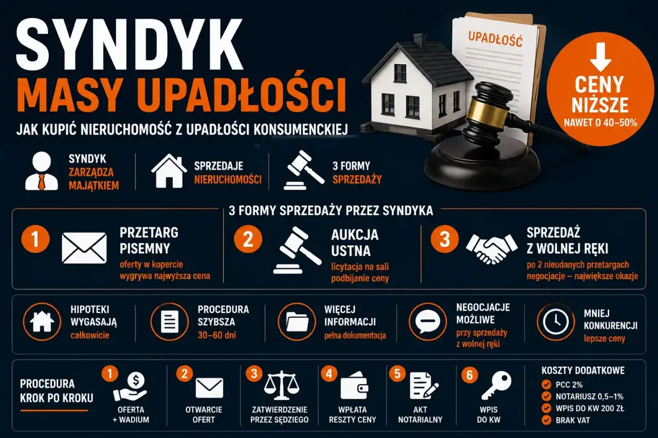 Kupuj nieruchomości z upadłości konsumenckiej! Syndyk sprzedaje majątek, oferując niższe ceny. Poznaj 3 formy sprzedaży: pisemny przetarg, aukcja ustna i sprzedaż z wolnej ręki.