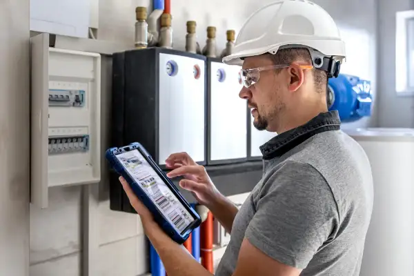 Technik w kasku i okularach ochronnych wykonuje przegląd instalacji gazowej, korzystając z tabletu.